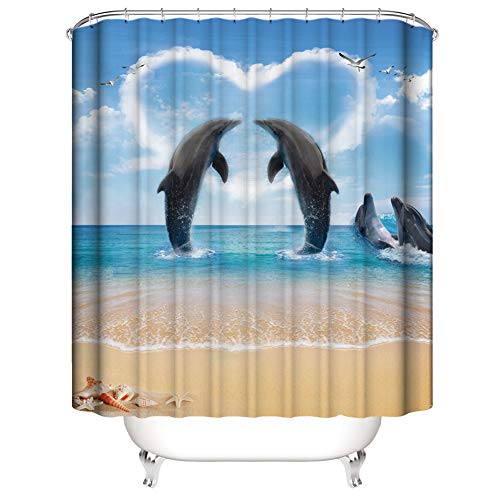 Morbuy 3D Digitaldruck Duschvorhang, Top Qualität Schimmelresistenter und Wasserabweisend Shower Curtain Waschbar Mit 12 Duschvorhangringen 100% Polyester (90x180cm,Blauer Delphin) von Morbuy