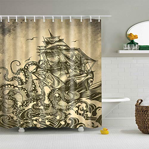 Morbuy 3D Duschvorhang, Digitaldruck Top Qualität Schimmelresistenter und Wasserabweisend Shower Curtain Waschbar Mit 12 Duschvorhangringen 100% Polyester (150x180cm,Schiff Octopus) von Morbuy