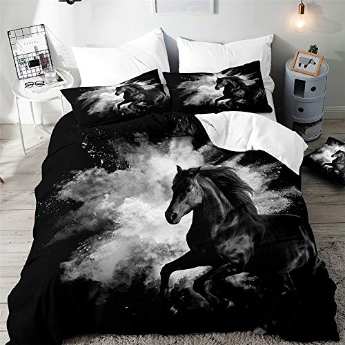 Morbuy 3D Pferd Bettbezug Bettwäsche Set - Erwachsene Kinder Bettwäsche-Set, Mikrofaser Weiche Tierdruck Bettbezug mit Reißverschluss und Kissenbezüge (220x240cm,Schwarzes Pferd) von Morbuy