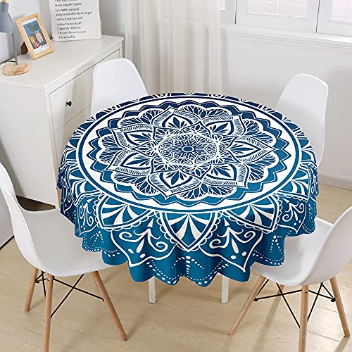 Morbuy 3D Rund Tischdecke Abwaschbar, Mandala Rund Tischdecken Wasserdicht Lotuseffekt Abwischbar Tischtuch für Dekoration Küchentisch Garten Outdoor (Durchmesser 120cm,Blau) von Morbuy