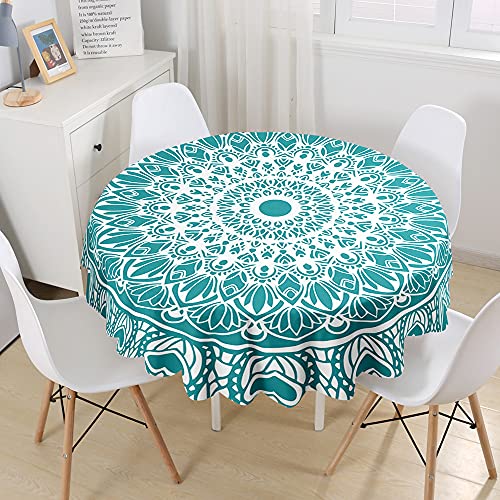 Morbuy 3D Rund Tischdecke Abwaschbar, Mandala Rund Tischdecken Wasserdicht Lotuseffekt Abwischbar Tischtuch für Dekoration Küchentisch Garten Outdoor (Durchmesser 150cm,Türkis) von Morbuy