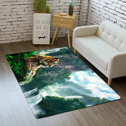 Morbuy 3D Tiger Tier Drucken Teppich Wohnzimmer Flanell Kurzflor Teppiches, Modernes Teppich Waschbar rutschfest Krabbelmatte für Kinderzimmer Schlafzimmer Dekoration (50x80cm,grüner Wasserfall) von Morbuy