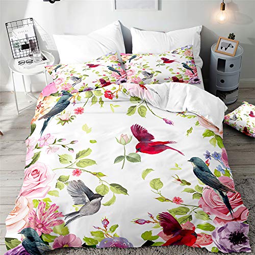 Morbuy 3D Vogel Bettbezug Bettwäsche Set - Erwachsene Kinder Tierdruck Bettwäsche-Set, Mikrofaser Weiche Bettbezug mit Reißverschluss und Kissenbezüge (135x200cm,Blumengarten) von Morbuy