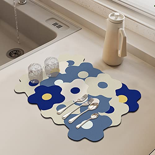 Morbuy Abtropfmatte Geschirr Saugfähig, Irregulär Blütenblatt Form Kieselgur Geschirrabtropfmatte Schnelltrocknend Trockenmatte Kaffeemaschine Matte Unterlage für Küche (30x40cm,Blau) von Morbuy