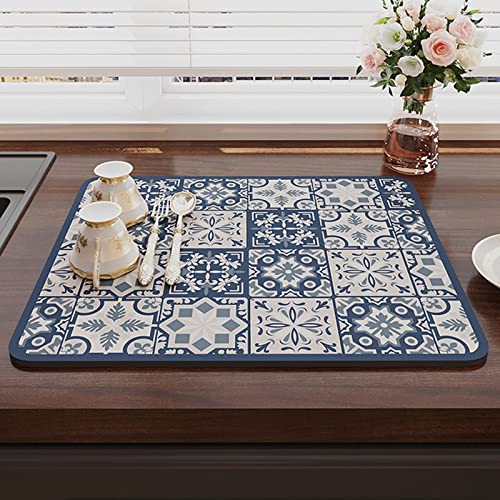 Morbuy Abtropfmatte Geschirr Saugfähig, Vintage Stil Kieselgur Geschirrabtropfmatte Schnelltrocknend Trockenmatte Kaffeemaschine Matte Unterlage/Untersetzer für Küche Café Spüle (40x50cm,Blau) von Morbuy