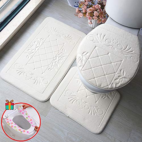 Morbuy Badematte Set 3 teilig Innenbereich, Flanell Einfarbig rutschfeste Feuchtigkeitsfest Badvorleger Bad teppiche WC-Vorleger Toilettensitz-Bezug Bath Mat für Badezimmer (50 * 80cm,Weiß) von Morbuy