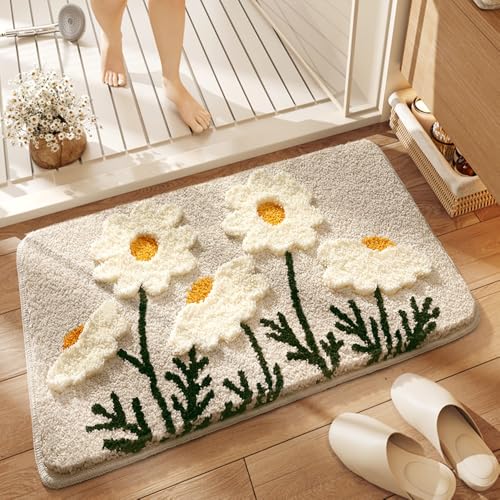 Morbuy Badteppich rutschfest Waschbar Badezimmerteppich, Absorbierende Weicher Badematte Blumen Muster Flauschige Mikrofaser Badematte Badvorleger Saugfähige Duschvorleger für Badewanne, Badezimmer von Morbuy