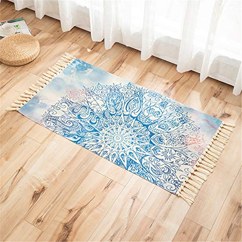 Morbuy Baumwoll Teppiche mit Quasten, Indischer Stil Mandala Bedruckte Gewebte Teppich Waschbar Teppich Läufer Ideal für Wohnzimmer, Terrassen, Schlafzimmer (60x110cm,Blau) von Morbuy