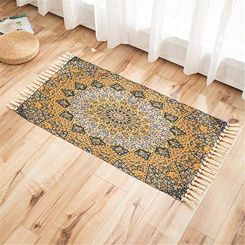 Morbuy Baumwoll Teppiche mit Quasten, Indischer Stil Mandala Bedruckte Gewebte Teppich Waschbar Teppich Läufer Ideal für Wohnzimmer, Terrassen, Schlafzimmer (60x110cm,Golden) von Morbuy