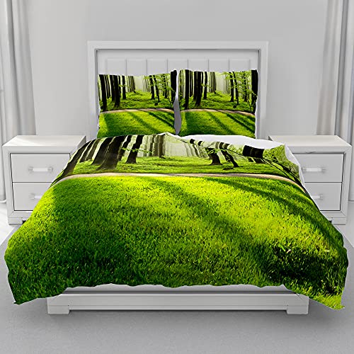 Morbuy Bettwäsche Set Mikrofaser Weich Mädchen Junge Bettbezug Bettwäsche-Set -1 Bettbezug mit Reißverschluss +2 Kissenbezug 80x80 cm- 3D Grüner Wald Drucken (155X220cm,Grünes Blatt) von Morbuy