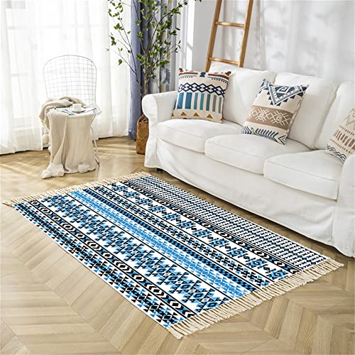 Morbuy Bohemien Teppiche Baumwoll Leinen mit Quasten Handgewebte Schicke Exotisch Bedruckte Teppich waschmaschinenfest,Ideal für Wohnzimmer,Terrassen,Schlafzimmer (90x180cm,blau b) von Morbuy