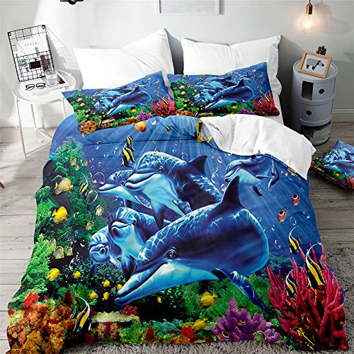 Morbuy Delfin Drucken Bettbezug Bettwäsche Set - 3D Erwachsene Kinder Bettwäsche-Set, Mikrofaser Weiche Bettbezug mit Reißverschluss und Kissenbezüge (135x200cm,Delphinfreunde) von Morbuy