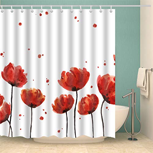 Morbuy Duschvorhang, 3D Digitaldruck Top Qualität Schimmelresistenter und Wasserabweisend Shower Curtain Waschbar Mit 12 Duschvorhangringen 100% Polyester (180x180cm,rote Blume) von Morbuy