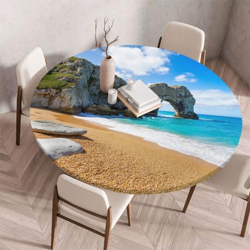 Morbuy Elastische Tischdecke Rund Abwaschbar, 3D Meerblick Muster Tischdecke Wasserdicht Schmutzabweisend Gartentischdecken Tischtuch für Dekoration Party Küche Esszimmer (Meereswelle A,120cm) von Morbuy