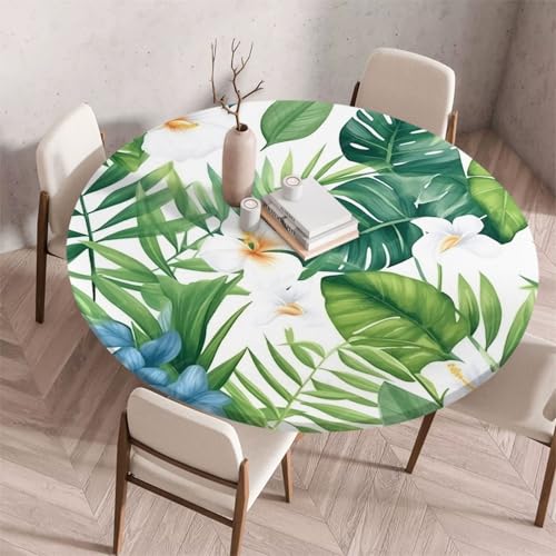 Morbuy Elastische Tischdecke Rund Abwaschbar, 3D Tropisch Blume Muster Tischdecke Wasserdicht Schmutzabweisend Gartentischdecken Tischtuch für Party Küche Esszimmer (Grün Blatt,150cm) von Morbuy