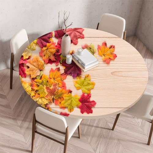 Morbuy Elastische Tischdecke Rund Wasserdicht, 3D Blumen Drucken Tischdecke mit Gummizug Rund Tischdecken Tischtuch Abwischbar Gartentischdecken (Ahornblatt,Durchmesser 60cm) von Morbuy