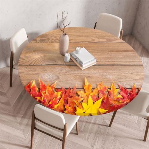 Morbuy Elastische Tischdecke Rund Wasserdicht, 3D Blumen Drucken Tischdecke mit Gummizug Rund Tischdecken Tischtuch Abwischbar Gartentischdecken (Ahornblatt B,Durchmesser 110cm) von Morbuy