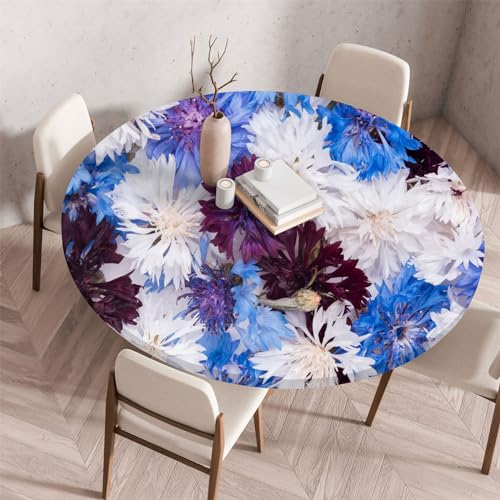 Morbuy Elastische Tischdecke Rund Wasserdicht, 3D Blumen Drucken Tischdecke mit Gummizug Rund Tischdecken Tischtuch Abwischbar Gartentischdecken (Blaue Blumen,Durchmesser 80cm) von Morbuy