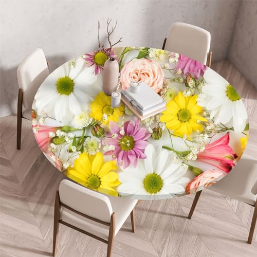 Morbuy Elastische Tischdecke Rund Wasserdicht, 3D Blumen Drucken Tischdecke mit Gummizug Rund Tischdecken Tischtuch Abwischbar Gartentischdecken (Blumen,Durchmesser 80cm) von Morbuy
