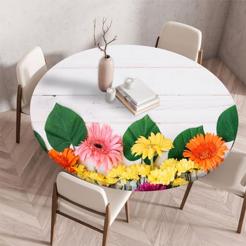 Morbuy Elastische Tischdecke Rund Wasserdicht, 3D Blumen Drucken Tischdecke mit Gummizug Rund Tischdecken Tischtuch Abwischbar Gartentischdecken (Gänseblümchen,Durchmesser 130cm) von Morbuy