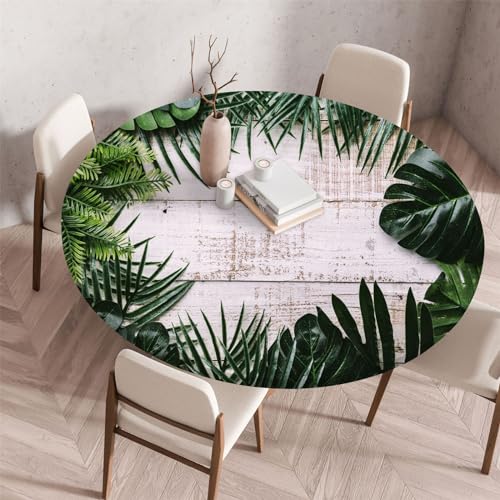 Morbuy Elastische Tischdecke Rund Wasserdicht, 3D Blumen Drucken Tischdecke mit Gummizug Rund Tischdecken Tischtuch Abwischbar Gartentischdecken (Grün Blatt,Durchmesser 100cm) von Morbuy