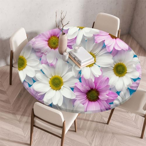 Morbuy Elastische Tischdecke Rund Wasserdicht, 3D Blumen Drucken Tischdecke mit Gummizug Rund Tischdecken Tischtuch Abwischbar Gartentischdecken (Rosa Blumen,Durchmesser 60cm) von Morbuy