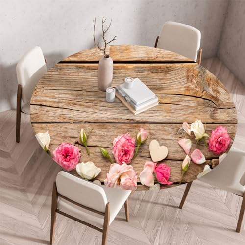 Morbuy Elastische Tischdecke Rund Wasserdicht, 3D Blumen Drucken Tischdecke mit Gummizug Rund Tischdecken Tischtuch Abwischbar Gartentischdecken (Rosenblüte,Durchmesser 130cm) von Morbuy