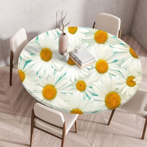 Morbuy Elastische Tischdecke Rund Wasserdicht, 3D Blumen Drucken Tischdecke mit Gummizug Rund Tischdecken Tischtuch Abwischbar Gartentischdecken (Weiß Gänseblümchen,Durchmesser 80cm) von Morbuy