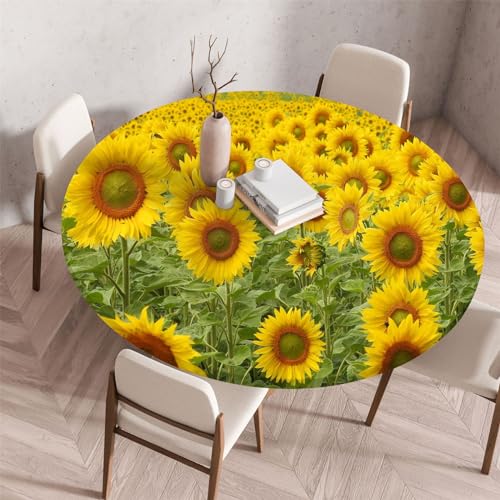 Morbuy Elastische Tischdecke Rund Wasserdicht, 3D Sonnenblume Muster Tischdecke mit Gummizug Rund Tischdecken Tischtuch Abwischbar Gartentischdecken (Gelbe Blumen,Durchmesser 80cm) von Morbuy