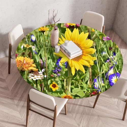 Morbuy Elastische Tischdecke Rund Wasserdicht, 3D Sonnenblume Muster Tischdecke mit Gummizug Rund Tischdecken Tischtuch Abwischbar Gartentischdecken (Pflanzen Blumen,Durchmesser 140cm) von Morbuy