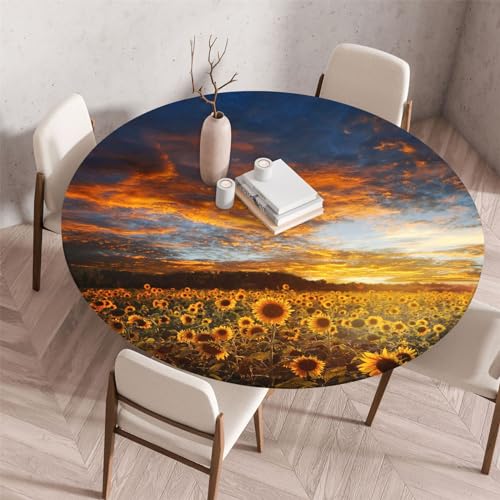 Morbuy Elastische Tischdecke Rund Wasserdicht, 3D Sonnenblume Muster Tischdecke mit Gummizug Rund Tischdecken Tischtuch Abwischbar Gartentischdecken (Sonnenuntergang,Durchmesser 60cm) von Morbuy