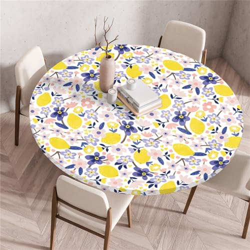 Morbuy Elastische Tischdecke Rund Wasserdicht, 3D Zitrone Muster Tischdecke mit Gummizug Rund Tischdecken Tischtuch Abwischbar Gartentischdecken Tischschutz (Lila Blumen,Durchmesser 90cm) von Morbuy