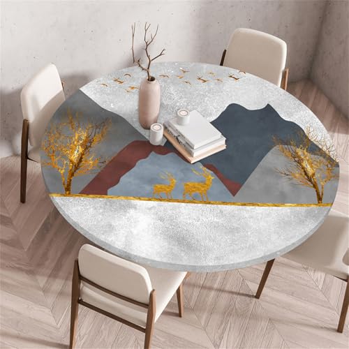Morbuy Elastische Tischdecke Rund Wasserdicht, Einfach Stil 3D Drucken Tischdecke mit Gummizug Rund Tischdecken Tischtuch Gartentischdecken Tischschutz (Durchmesser 100cm,Gold Elch) von Morbuy