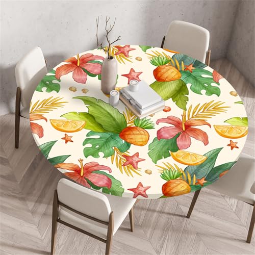 Morbuy Elastische Tischdecke Rund Wasserdicht, Pflanze Blatt Tropisch Stil 3D Drucken Tischdecke mit Gummizug Rund Tischdecken Tischtuch Gartentischdecken (Ananas Obst,Durchmesser 80cm) von Morbuy