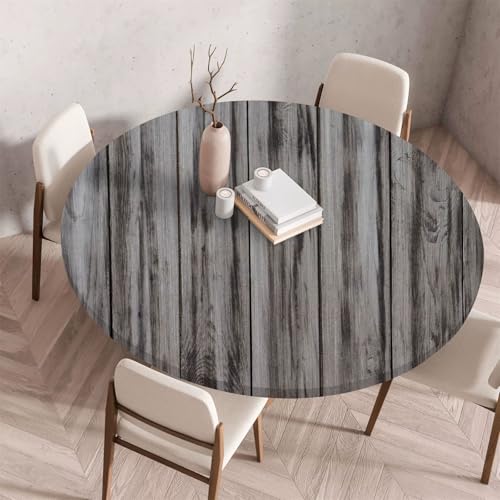 Morbuy Elastische Tischdecke Wasserdicht, 3D Holzbrett Muster Tischdecken mit Gummizug Rund Tischtuch Abwischbar Gartentischdecken Tischschutz für Party Küche (Grau Holzbrett,Durchmesser 80cm) von Morbuy
