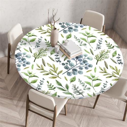 Morbuy Elastische Tischdecke Wasserdicht, Grün Blatt Drucken Tischdecken mit Gummizug Rund Tischtuch Abwischbar Gartentischdecken Tischschutz für Dekoration (Eukalyptusblatt,Durchmesser 90cm) von Morbuy