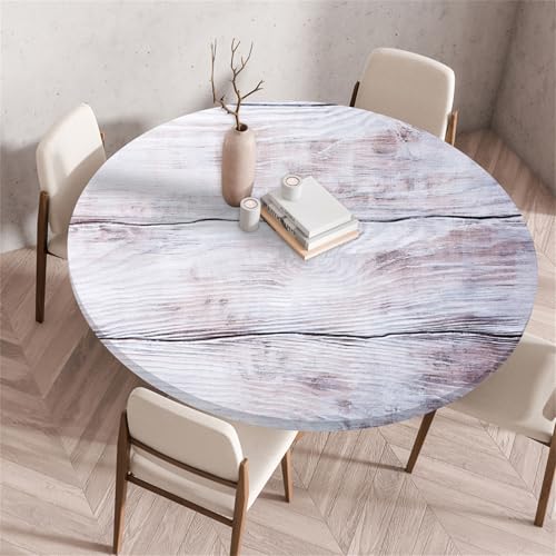 Morbuy Elastische Tischdecke Wasserdicht, Holzbrett Drucken Tischdecke mit Gummizug Rund, Tischdecken Tischtuch Abwischbar Gartentischdecken Tischschutz für Küche (Durchmesser 100cm,Weiß) von Morbuy