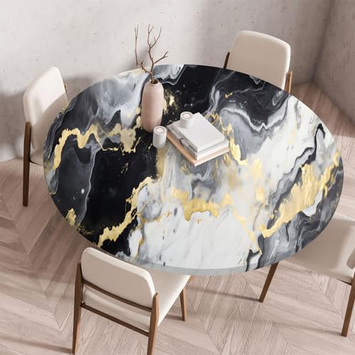 Morbuy Elastische Tischdecke Wasserdicht, Schwarz Serie Marmor Drucken Tischdecke mit Gummizug Rund, Tischdecken Tischtuch Abwischbar Gartentischdecken (Durchmesser 80cm,Hellgrau) von Morbuy