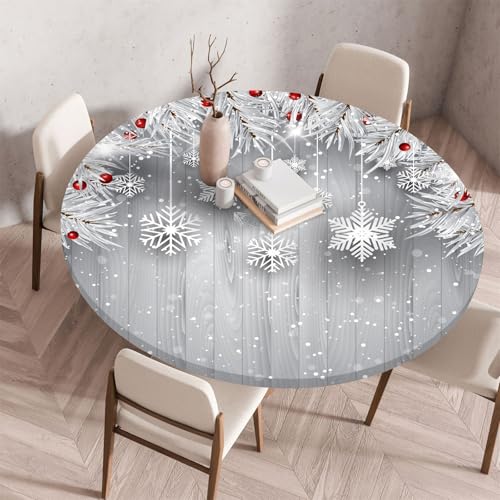 Morbuy Elastische Tischdecke Wasserdicht, Weihnachten Schneeflocke 3D Drucken Tischdecke mit Gummizug Rund, Tischdecken Tischtuch Gartentischdecken (Durchmesser 100cm,Holzbrett) von Morbuy