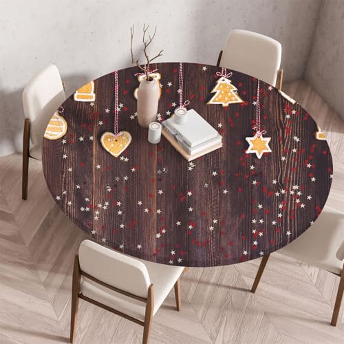 Morbuy Elastische Tischdecke Wasserdicht, Weihnachten Schneeflocke 3D Drucken Tischdecke mit Gummizug Rund, Tischdecken Tischtuch Gartentischdecken (Durchmesser 100cm,Lebkuchen) von Morbuy
