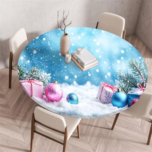 Morbuy Elastische Tischdecke Wasserdicht, Weihnachten Schneeflocke 3D Drucken Tischdecke mit Gummizug Rund, Tischdecken Tischtuch Gartentischdecken (Durchmesser 110cm,Frohe Weihnachten) von Morbuy