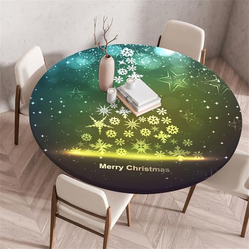 Morbuy Elastische Tischdecke Wasserdicht, Weihnachten Schneeflocke 3D Drucken Tischdecke mit Gummizug Rund, Tischdecken Tischtuch Gartentischdecken (Durchmesser 60cm,Weihnachtsbaum) von Morbuy