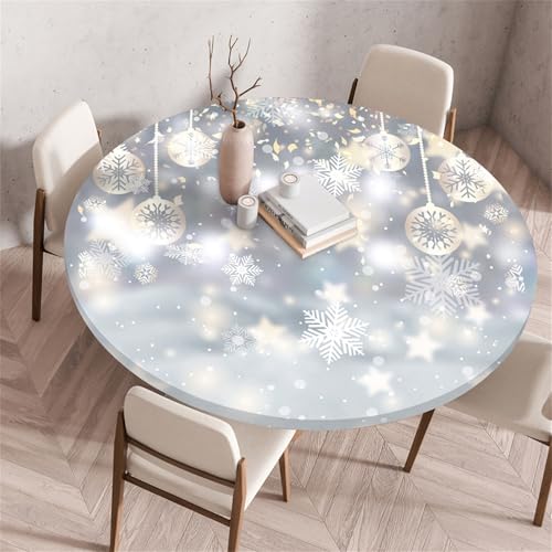 Morbuy Elastische Tischdecke Wasserdicht, Weihnachten Schneeflocke 3D Drucken Tischdecke mit Gummizug Rund, Tischdecken Tischtuch Gartentischdecken (Durchmesser 80cm,Winter) von Morbuy