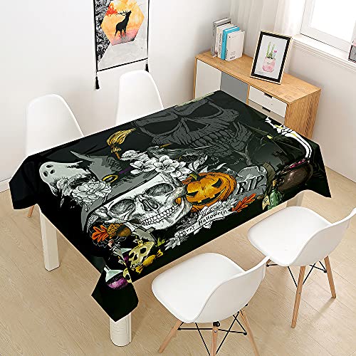 Morbuy Halloween Drucken Tischdecke Abwaschbar für Speisetisch, Wasserabweisend Fleckschutz Abwischbar Lotuseffekt Quadrat Küchentischabdeckung Tischtuch (140x160cm,Skelett Kürbis) von Morbuy