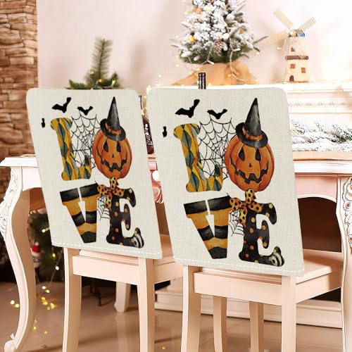 Morbuy Halloween Motive Stuhlhussen, Schloss Hexe Kürbis Stuhlrückenbezug Stuhlhussen Hussen Abnehmbarer Waschbarer Stuhlbezug, für Bankett Restaurant Neujahr (2er Set,Böser Kürbis) von Morbuy