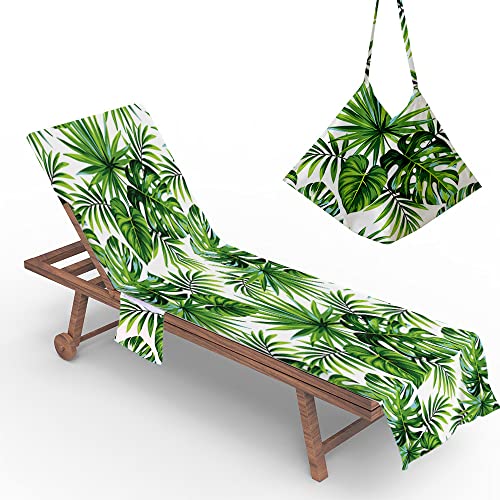 Morbuy Liegestuhl Handtuch mit Taschen, 3D Grüner Palmblattdruck Strandtuch für Liegen Strandliegen Handtücher für Strandliegen, Mikrofaser Leicht Strandtuch für Schwimmbäder, Strände (75x210cm,1) von Morbuy