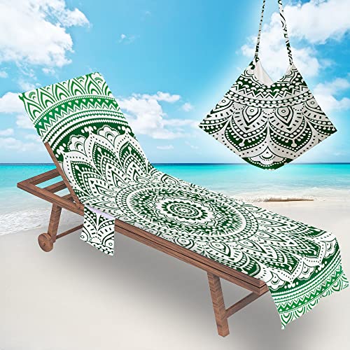 Morbuy Liegestuhl Handtuch mit Taschen, Mandala Drucken Strandtuch für Liegen Strandliegen Handtuch Handtücher für Strandliegen Mikrofaser Leicht Strandtuch mit Kapuze (Grün) von Morbuy