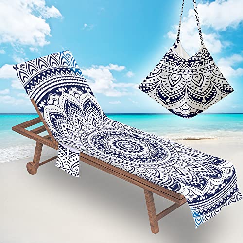 Morbuy Liegestuhl Handtuch mit Taschen, Mandala Drucken Strandtuch für Liegen Strandliegen Handtuch Handtücher für Strandliegen Mikrofaser Leicht Strandtuch mit Kapuze (Navy blau) von Morbuy