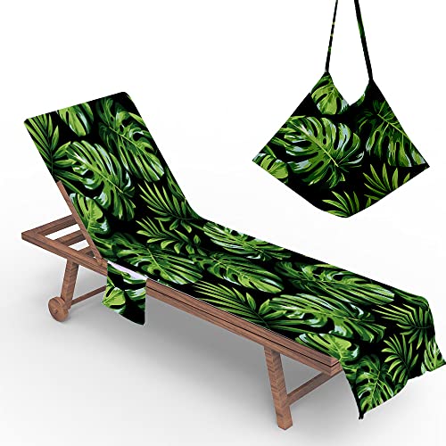 Morbuy Liegestuhl Handtuch mit Taschen, Strandtuch für Liegen, Grüne Blätter Strandliegen Handtuch Mikrofaser Leicht Strandtuch für Schwimmbad, Strände, Garten, Hotel (73x210cm,Schwarz) von Morbuy