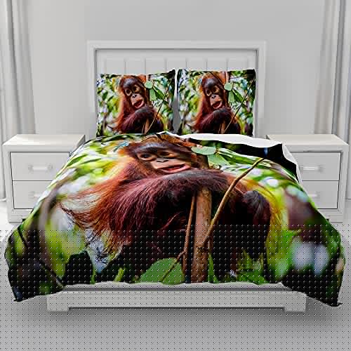 Morbuy Mikrofaser Bettwäsche + Kissenbezug 80x80cm, Tierdruck Bettwäsche-Set Bettwäsche Set für Erwachsene Kinder, Weiche Bettbezug Set mit Reißverschluss (135x200cm,Orang-Utan) von Morbuy